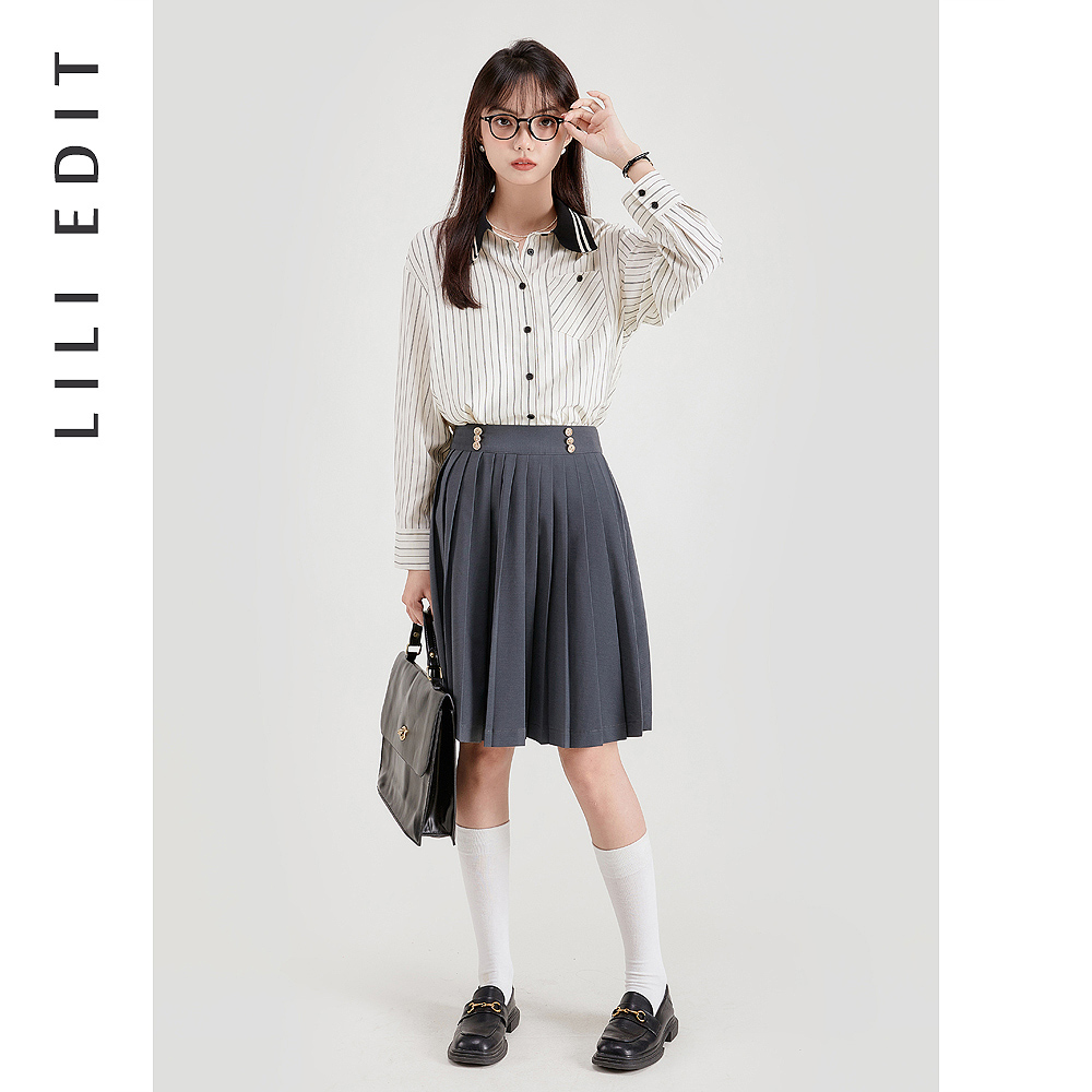 LILIEDIT/Polo领美式撞色条纹衬衫女春季新款小众设计感长袖上衣 - 图0