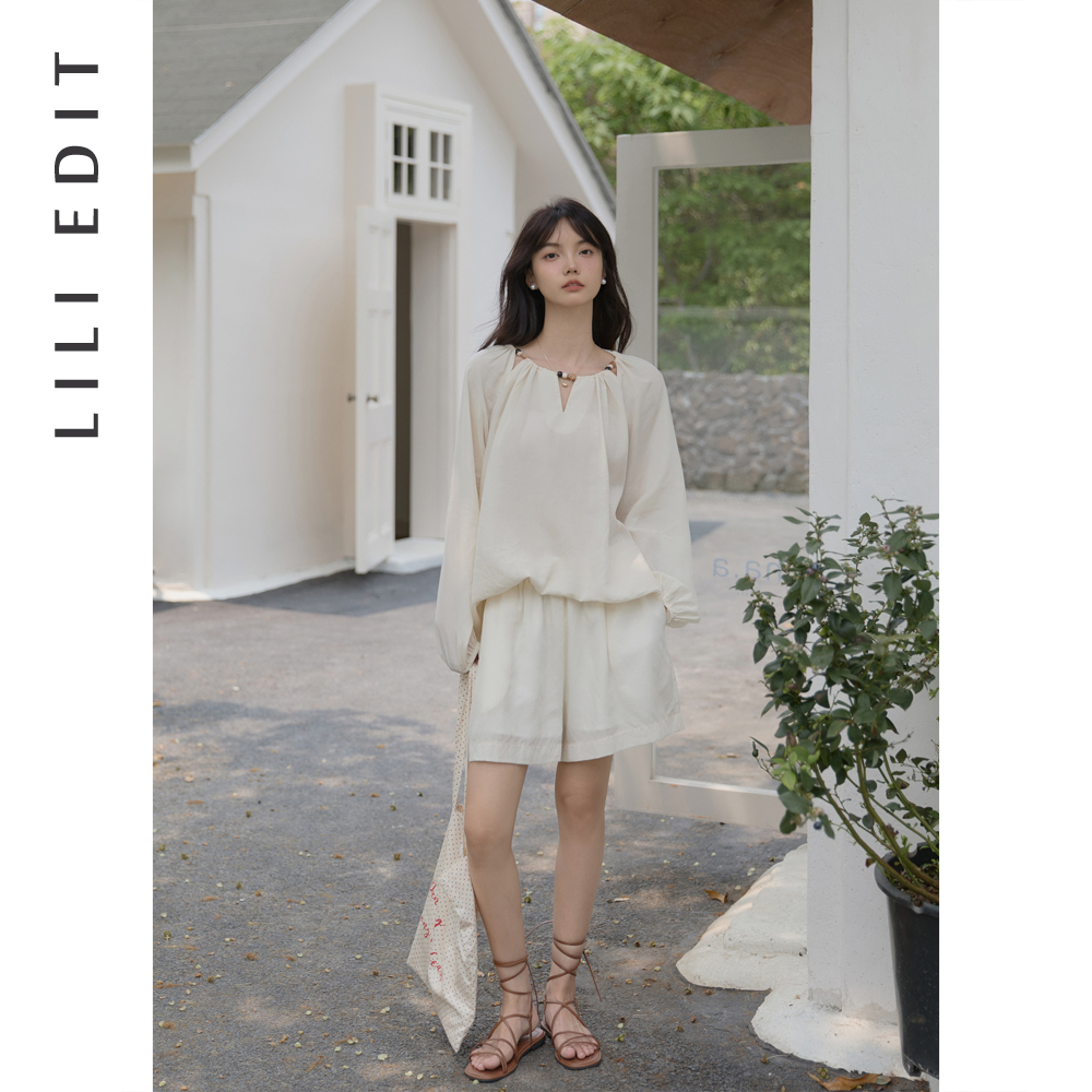 LILI EDIT/串珠领度假风裙裤套装女夏新款别致长袖衬衫休闲两件套