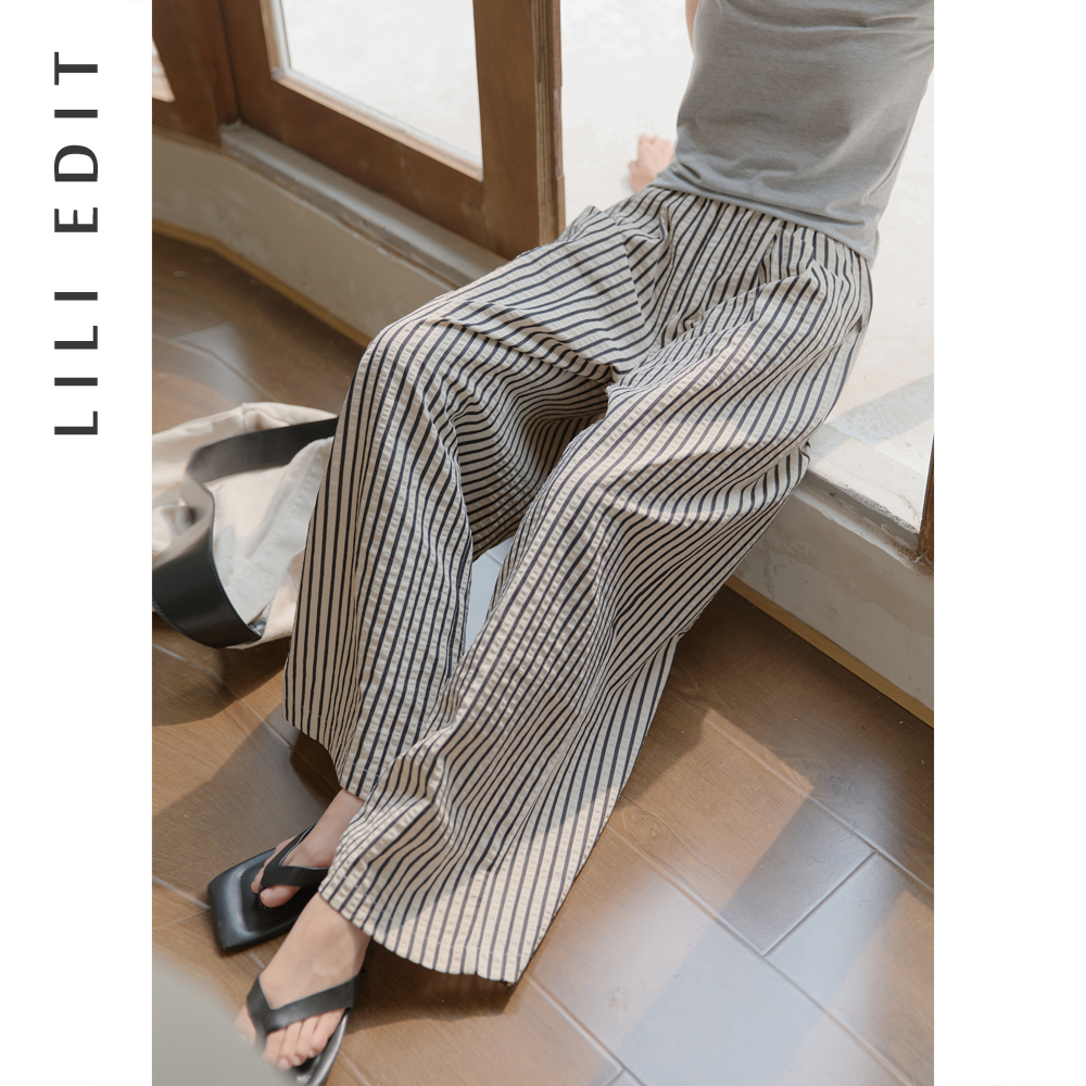 LILI EDIT/慵懒风米条阔腿裤女夏季小个子竖条纹显瘦休闲拖地裤子 - 图0