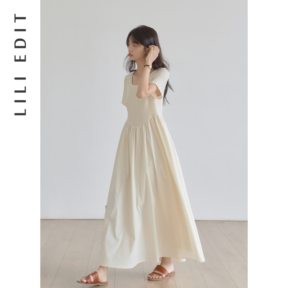 LILI EDIT/法式文艺圆领连衣裙露女夏季小个子锁骨显瘦短袖裙子-图1