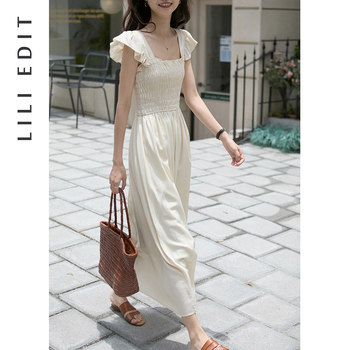 LILIEDIT/Retro Small Flying Sleeve Dress Summer 2023 New High Waist A-Line Square Neck Long Skirt Fashionable Slow Fat Romantic