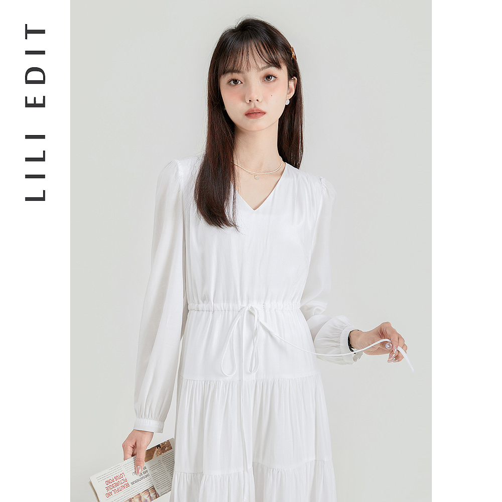 LILIEDIT/法式V领高腰A字白色长袖连衣裙女夏季新款温柔时尚长裙 - 图1