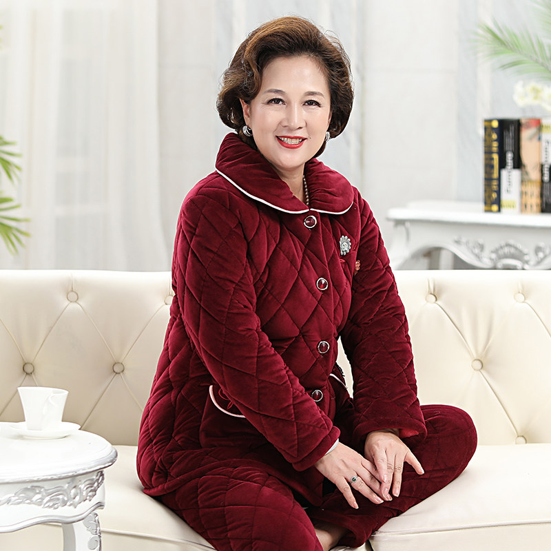 老人秋冬季三层夹棉加绒珊瑚绒睡衣 亿美希服饰睡衣/家居服套装