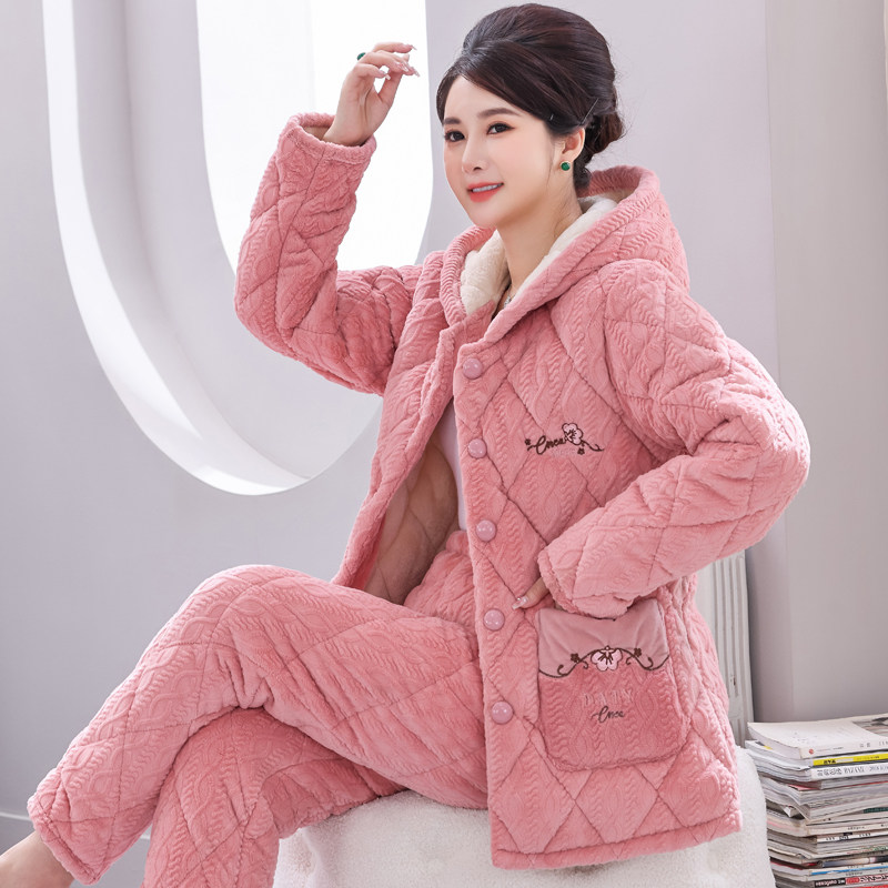 女士睡衣三层夹棉加绒加厚保暖秋冬季中老年妈妈珊瑚绒家居服套装,淘宝优惠券,粉丝福利购,淘宝优惠卷