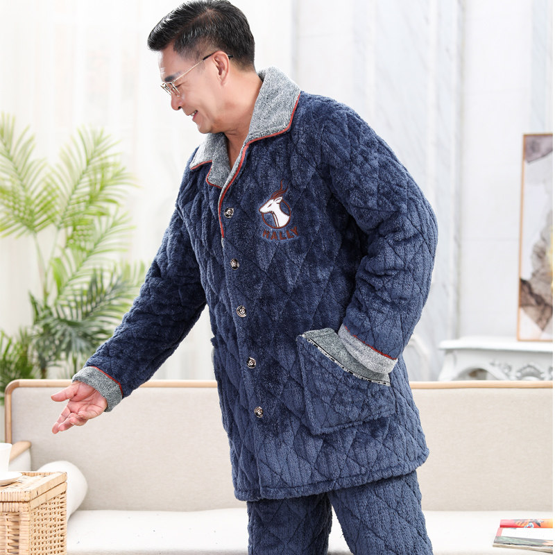 男士秋冬季三层加绒爸爸珊瑚绒夹棉 亿美希服饰睡衣/家居服套装