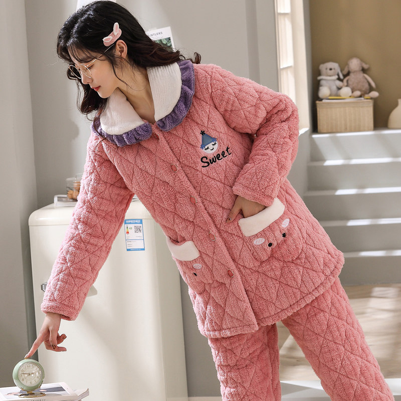 秋冬季珊瑚绒三层夹棉袄加绒睡衣 亿美希服饰睡衣/家居服套装