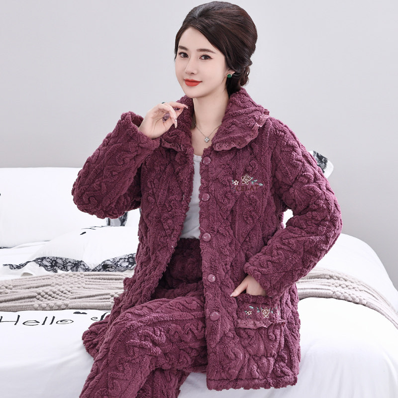 女士睡衣三层夹棉加绒加厚保暖秋冬季中老年妈妈珊瑚绒家居服套装,淘宝优惠券,粉丝福利购,淘宝优惠卷