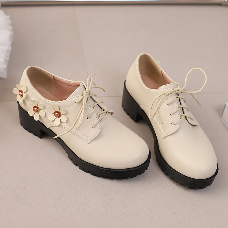 外贸款41一45特大码女鞋42甜美高跟单鞋43厚底粗跟系带布洛克鞋44 - 图2