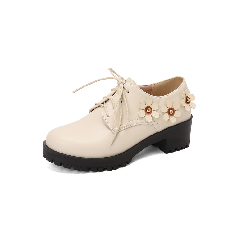 外贸款41一45特大码女鞋42甜美高跟单鞋43厚底粗跟系带布洛克鞋44 - 图3