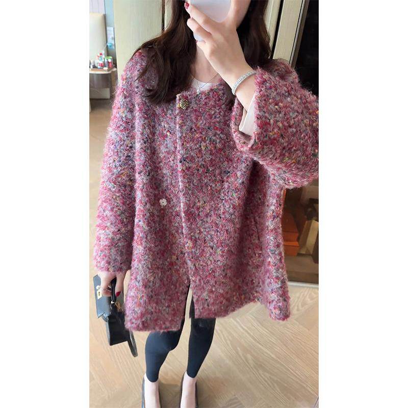 爵莱菲大码富家千金感小香风宽松气质中长款树莓色毛呢厚外套女,淘宝优惠券,粉丝福利购,淘宝优惠卷