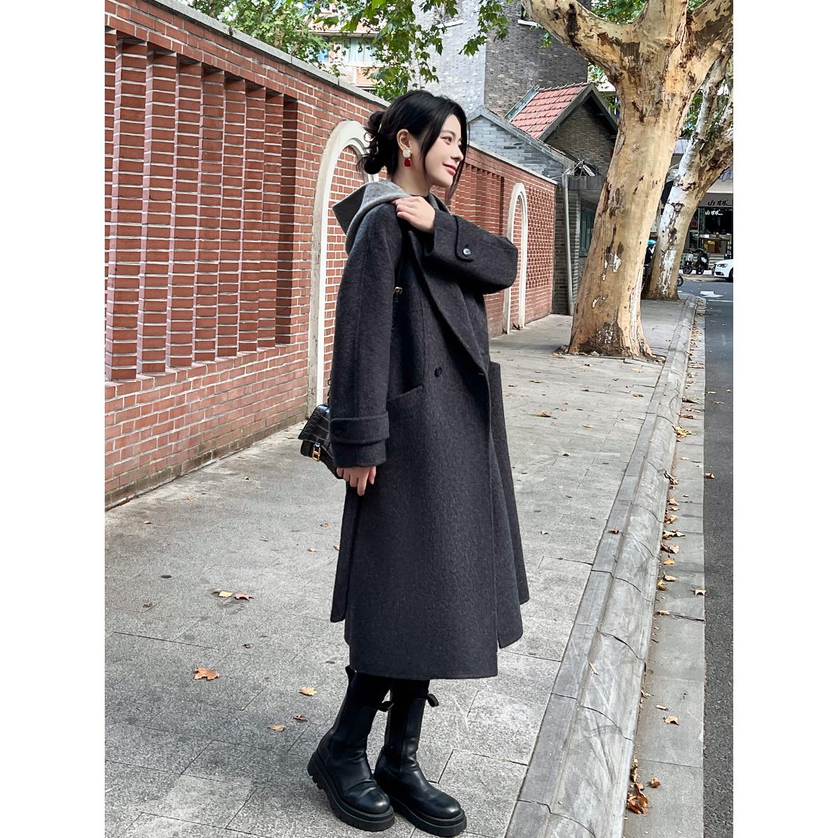 爵莱菲大码烟灰色双面羊绒大衣女中长款2025秋冬新款羊毛呢外套 - 图2