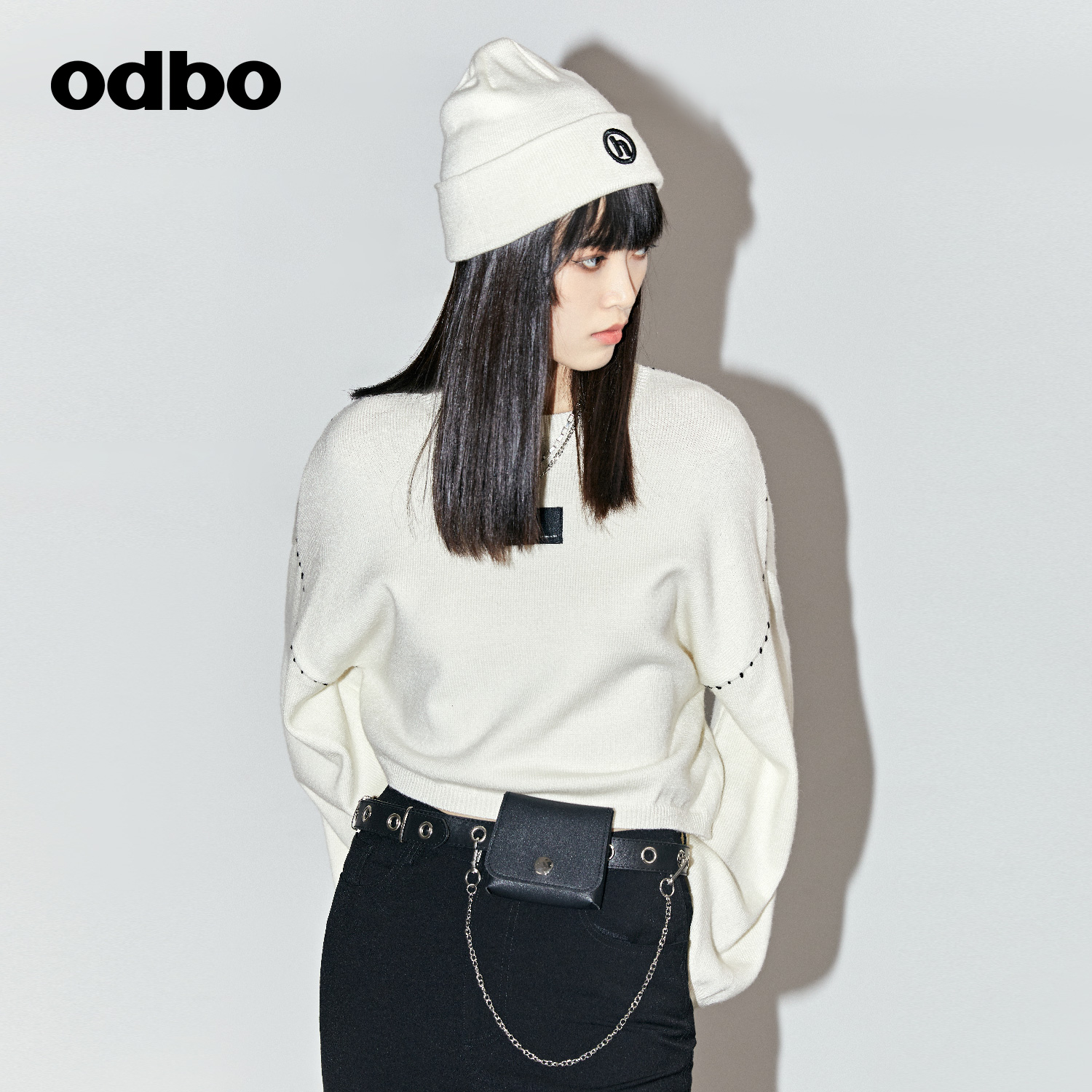 odbo 设计感蝙蝠袖短款羊毛针织衫女2022新款秋冬季套头外穿上衣