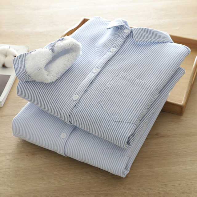 Small fresh literary blue vertical stripes plus velvet thickened shirt women's long-sleeved Korean style commuter pure cotton Oxford shirt