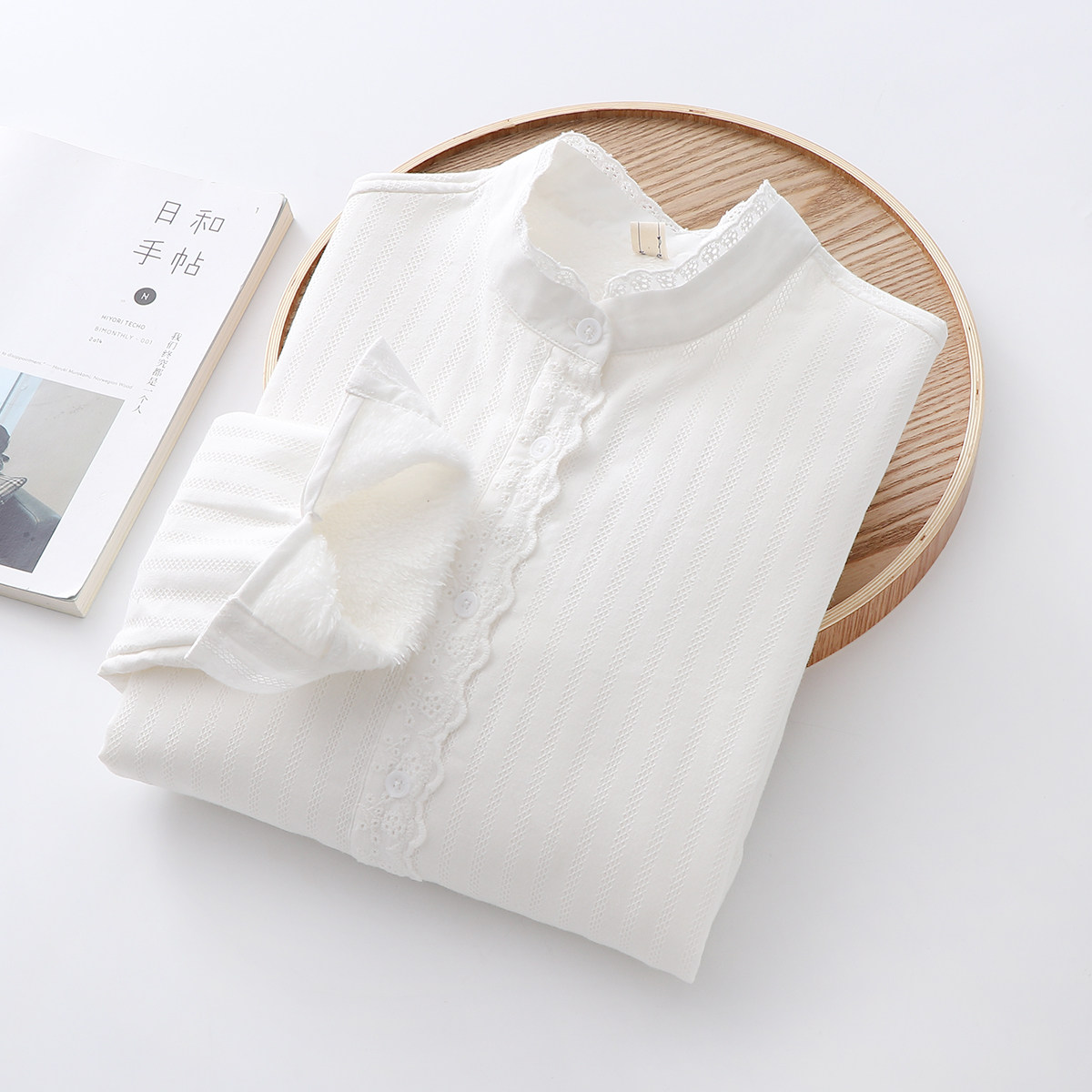 2025秋冬新款学生百搭立领蕾丝加绒加厚白衬衫女长袖保暖打底衬衣,淘宝优惠券,粉丝福利购,淘宝优惠卷