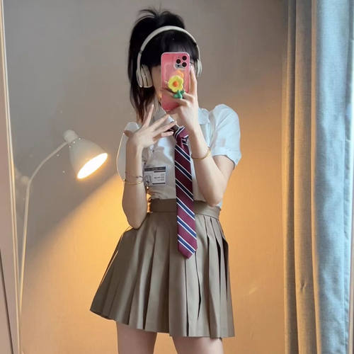 甜辣收腰jk衬衫短袖女学院风制服基础款白衬衣显瘦泡泡袖上衣夏季 - 图1