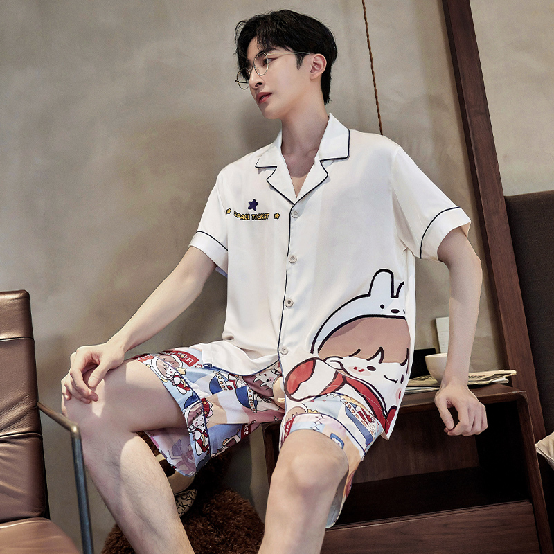 斐序旗舰店睡衣女情侣装一男一女士夏季冰丝短袖薄款可爱家居服仿真丝绸套装3