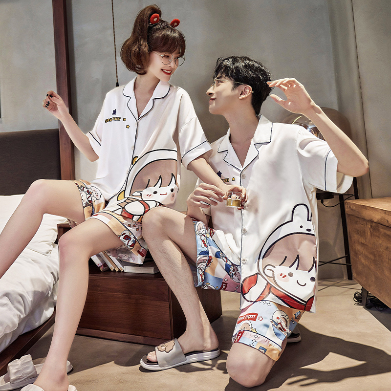 斐序旗舰店睡衣女情侣装一男一女士夏季冰丝短袖薄款可爱家居服仿真丝绸套装1