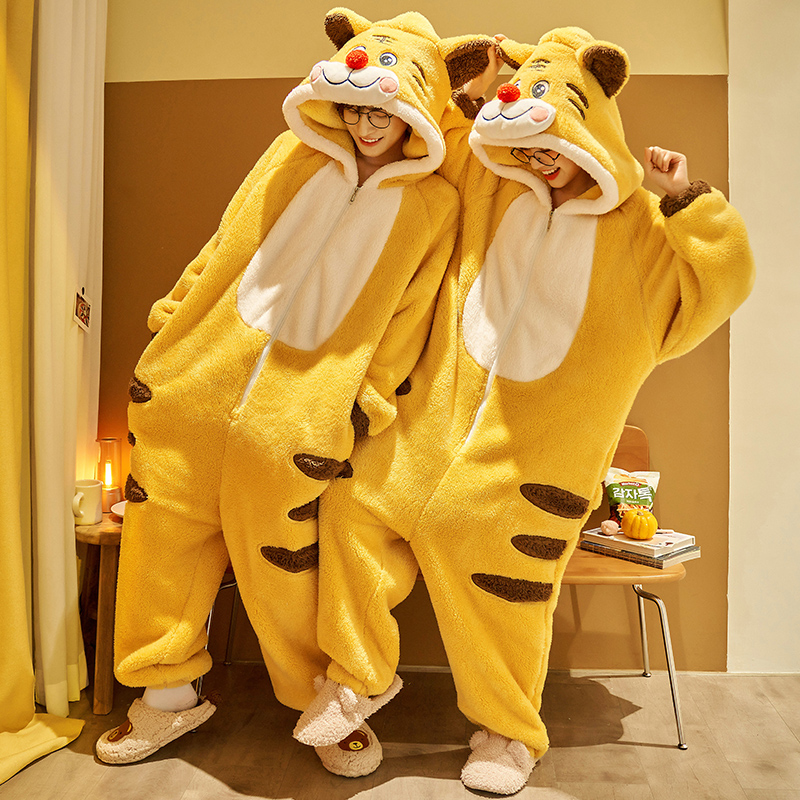 斐序旗舰店连体情侣睡衣女秋冬季款珊瑚绒加厚加绒保暖可爱卡通男拉链家居服0