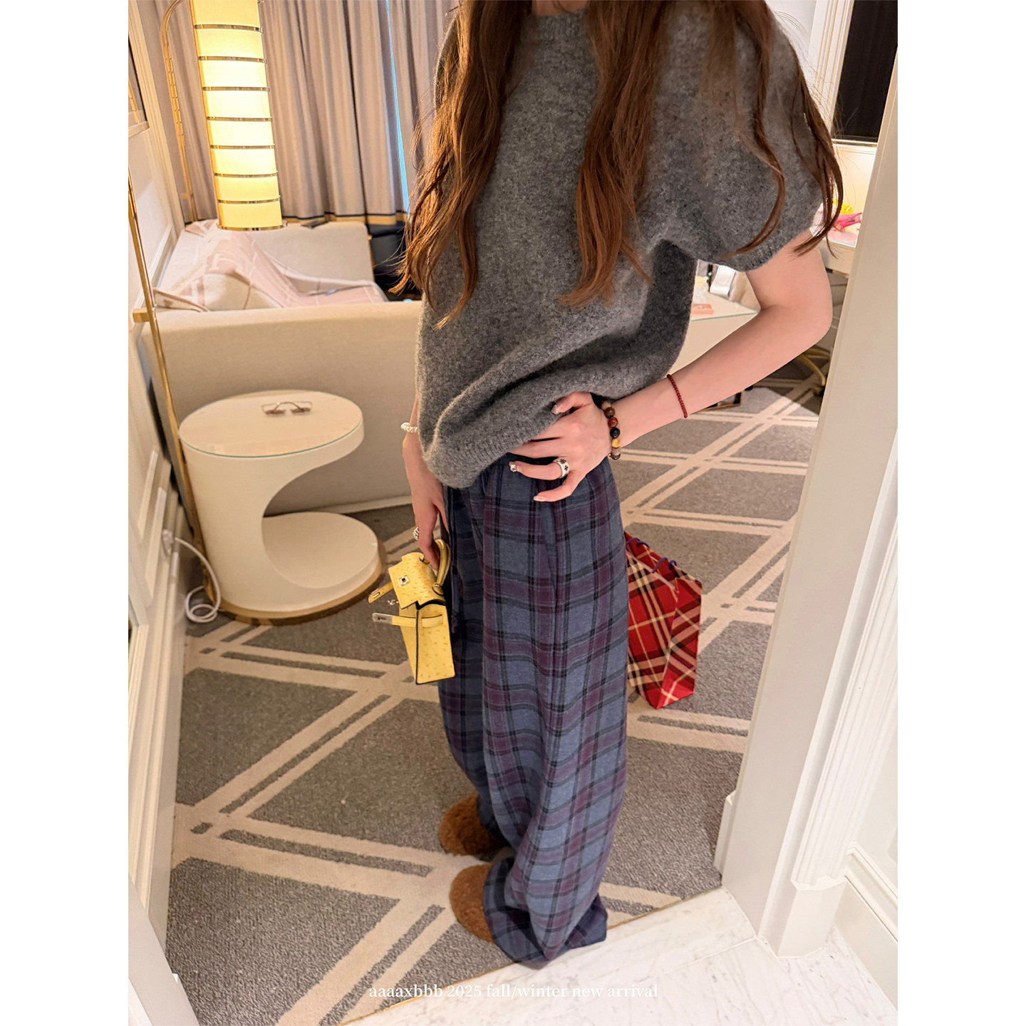 aaaaxbbb 随性timing 韩系紫色磨毛格子裤秋冬加厚松紧休闲裤长裤,淘宝优惠券,粉丝福利购,淘宝优惠卷