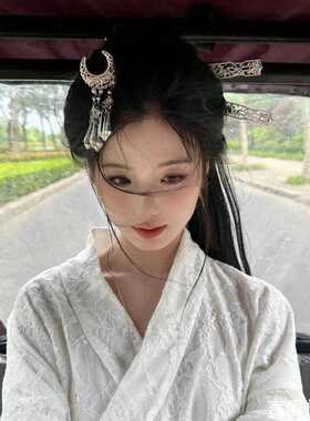 魏晋古风月牙流苏步摇发簪女汉服战国袍外景写真氛围感银饰头饰