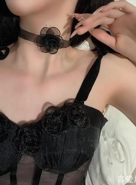 新款潮黑色项链女绑带蕾丝颈链