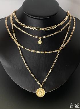 金色链条人像钱币吊坠项链女埃及风个性夸张高级多层叠戴小众设计