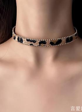 复古辣妹豹纹choker纽扣项圈女