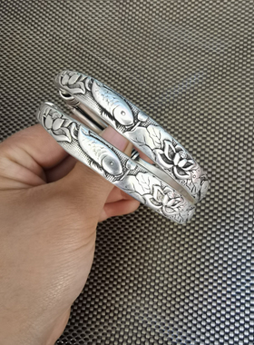 女款荷花鱼复古做旧莲花开口银镯子浮雕精品银手镯