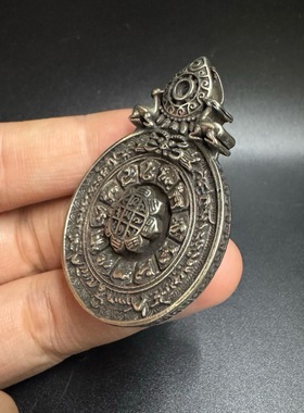 藏传白铜九宫八卦牌吊坠挂件复古做旧男女款文玩配饰项链
