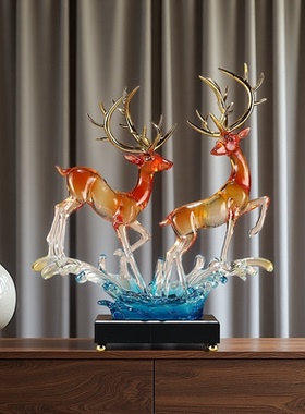 一路有你玄关水晶双鹿桌面家居好物摆件客厅轻奢高档乔迁新居礼物