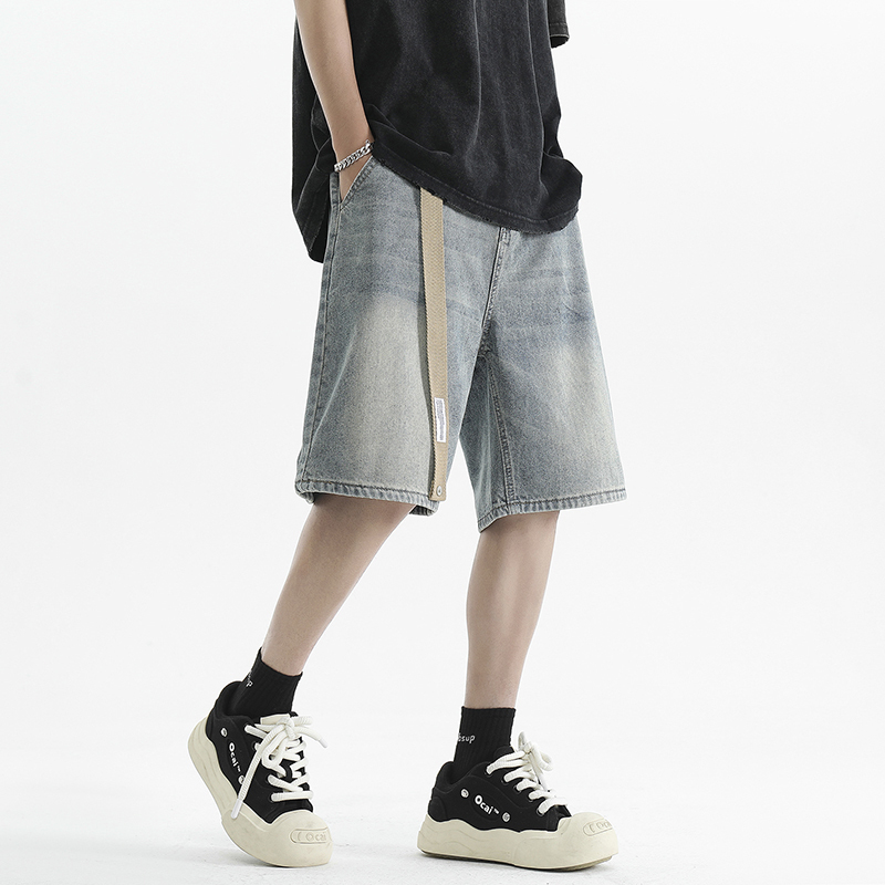 KF真维斯男装牛仔中裤2025夏季新款青年美式复古宽松显瘦短裤子男