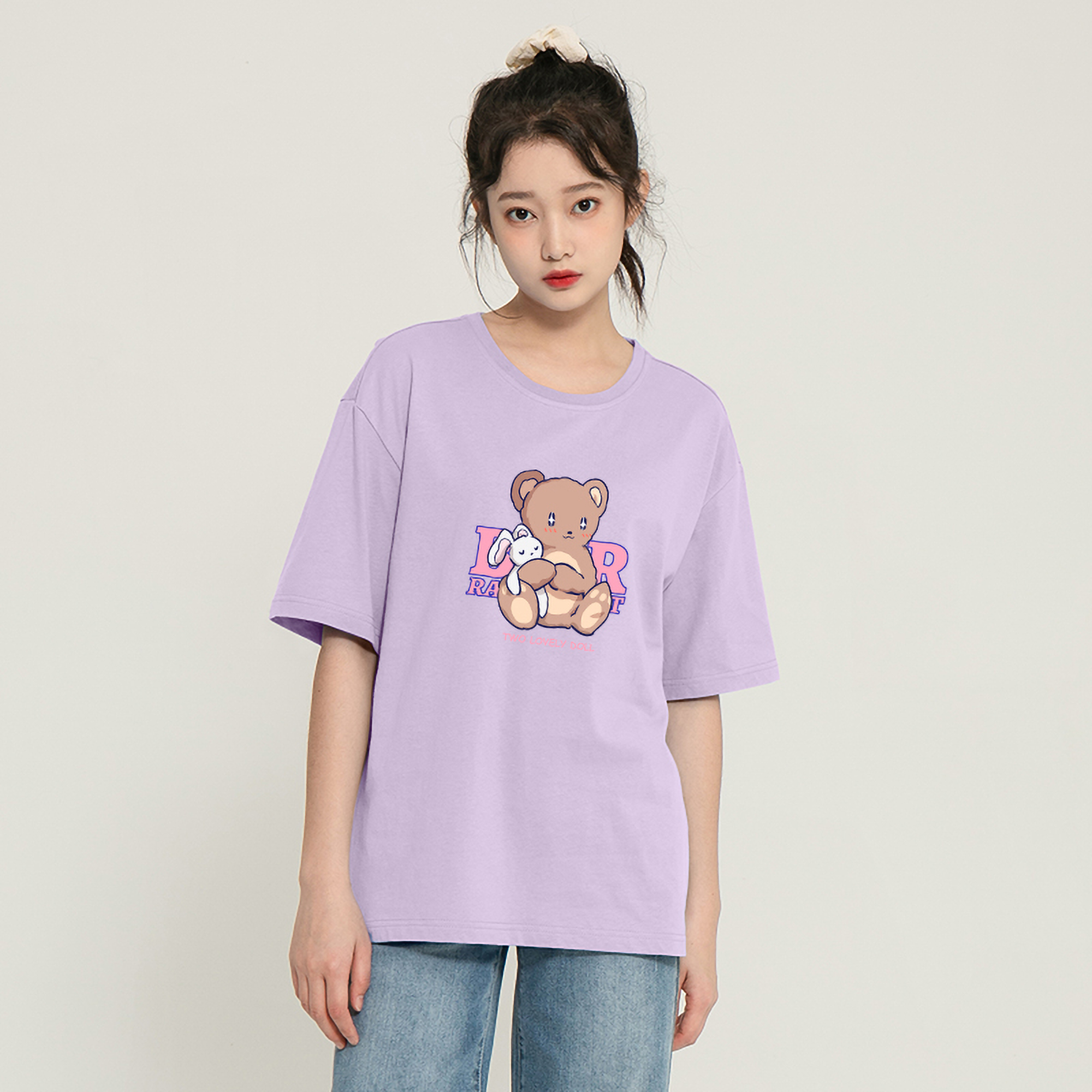 真维斯官方旗舰店JR真维斯女装宽松夏季女士体恤衫 短袖T恤抱抱兔印花女休闲上衣2