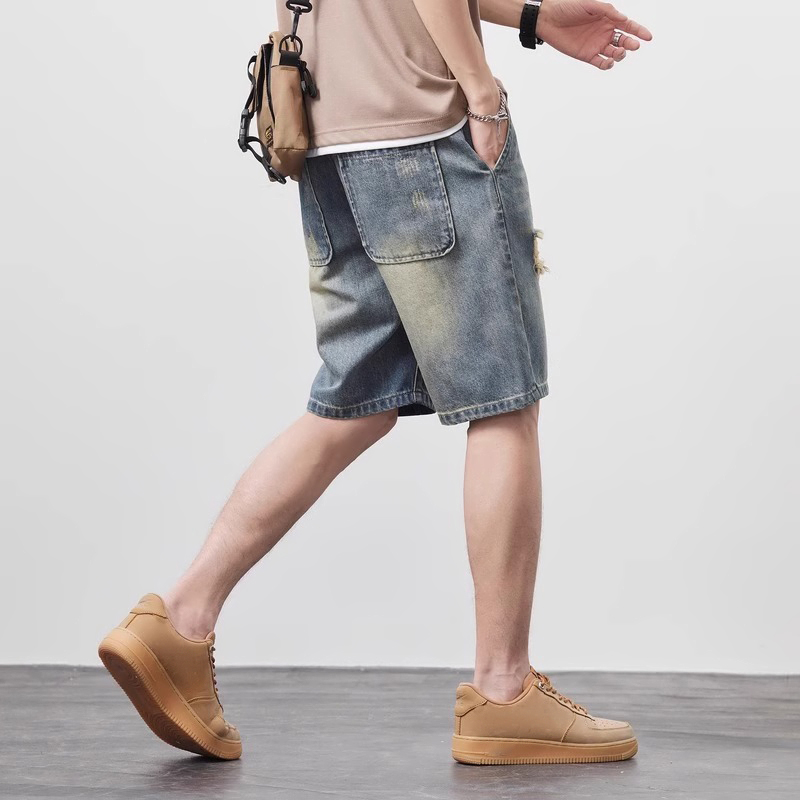 KR真维斯男装休闲短裤 2025春季新款时尚潮男复古破洞牛仔五分裤