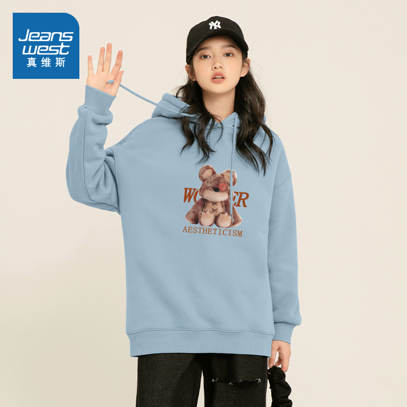 真维斯官方旗舰店JR真维斯女装加绒套头衫冬新款加厚摇粒绒连帽宽松印花卫衣女2