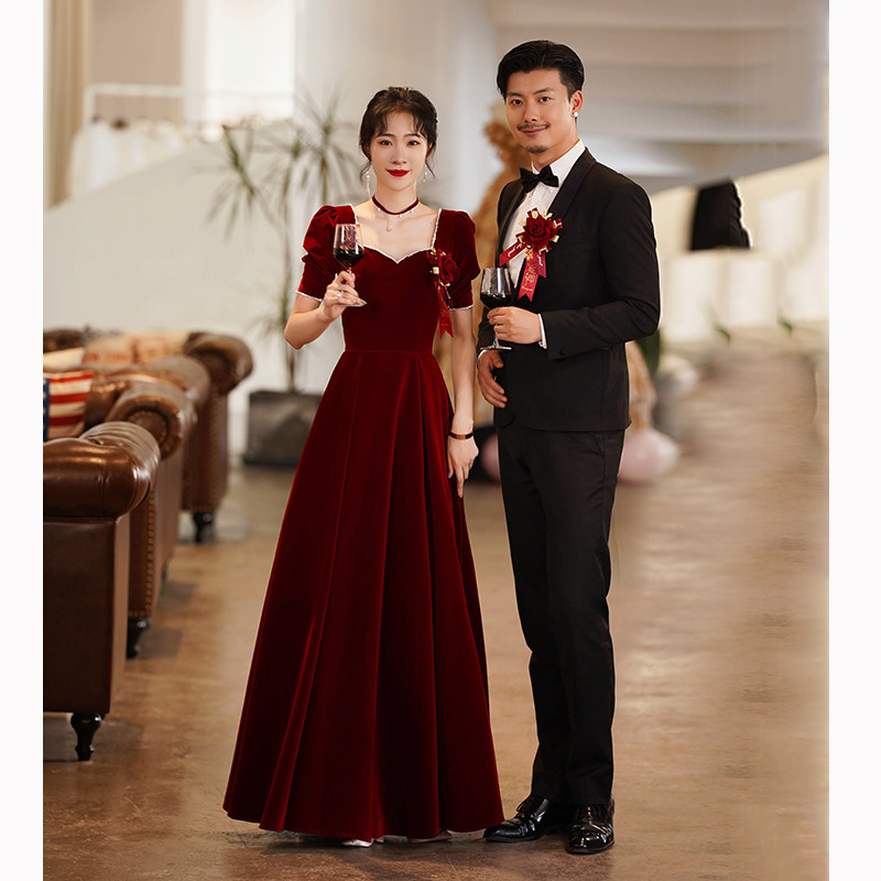 酒红色夏季丝绒敬酒服新娘气质显瘦结婚答谢宴长款晚礼服平时可穿_虎窝淘