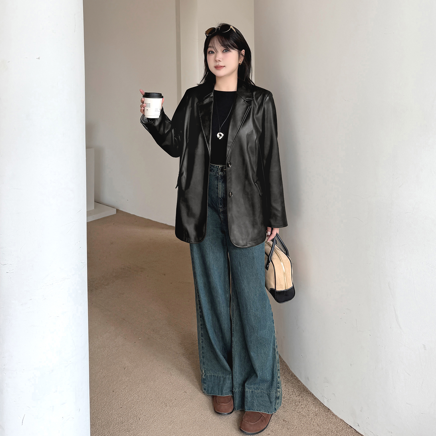 2025秋季新款大码女装胖MM西装复古pu皮衣外套BF风宽松显瘦上衣 - 图0