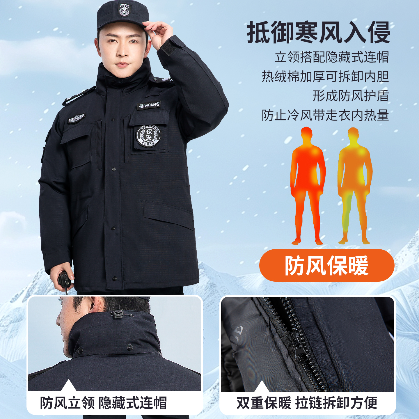 2011新式保安服工作服冬款加肥加大棉袄男士加厚中长款防寒制服女 - 图2
