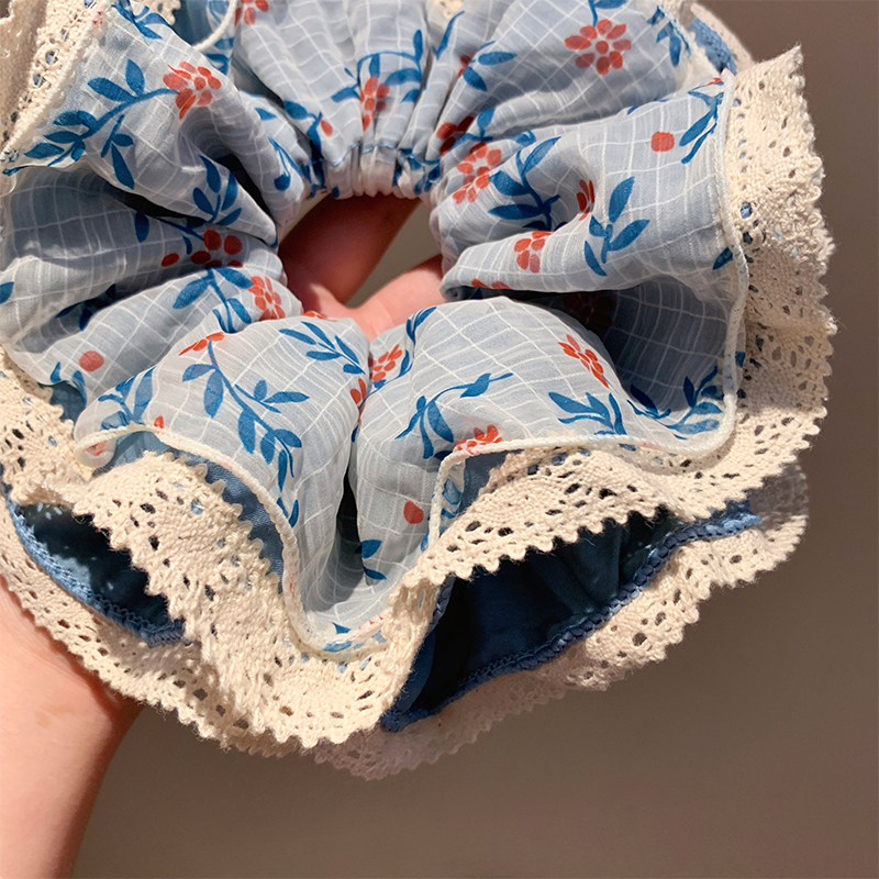 蓝色碎花蕾丝大肠发圈女复古慵懒风百搭头绳丸子头超大号发绳头饰 - 图3