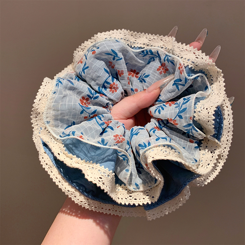 蓝色碎花蕾丝大肠发圈女复古慵懒风百搭头绳丸子头超大号发绳头饰 - 图0