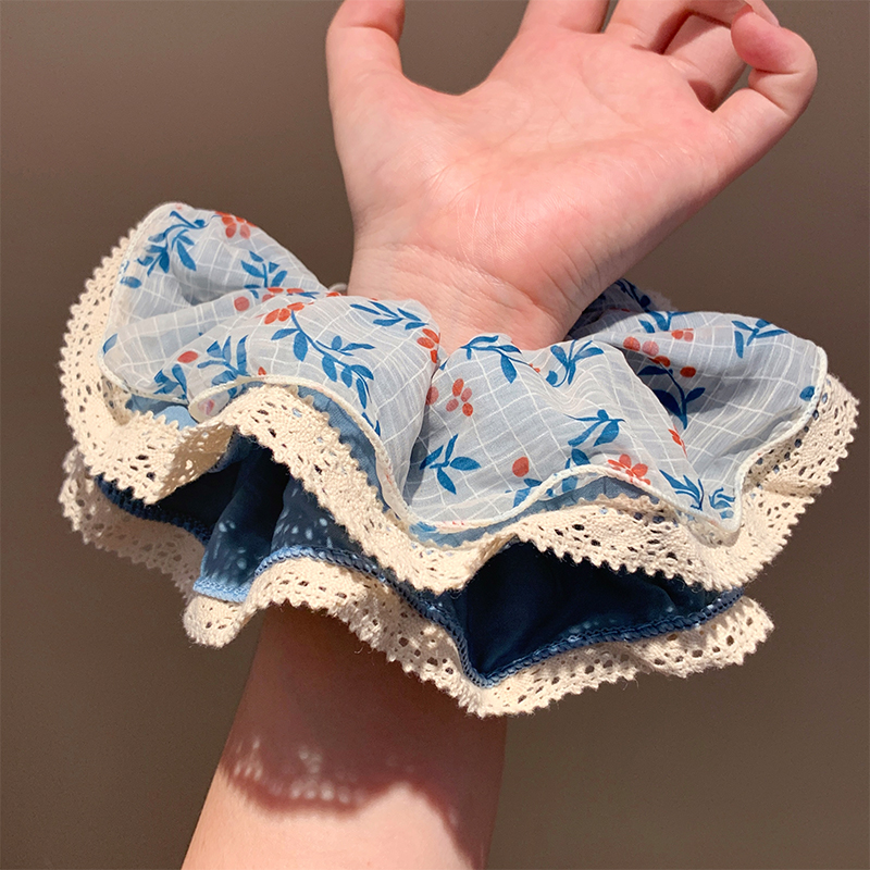 蓝色碎花蕾丝大肠发圈女复古慵懒风百搭头绳丸子头超大号发绳头饰 - 图2