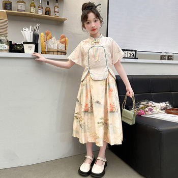 Horse face skirt girls suit summer 2024 ໃຫມ່ຂອງເດັກນ້ອຍ summer ເຄື່ອງນຸ່ງຫົ່ມແບບຈີນ Hanfu skirt ເດັກຍິງ Tang suit dress