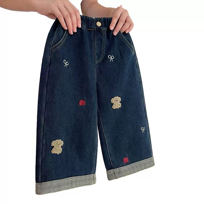 韩国童装女童裤子秋冬新款洋气儿童卡通牛仔裤女宝复古加绒直筒裤,淘宝优惠券,粉丝福利购,淘宝优惠卷