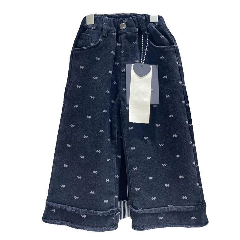 女童加绒牛仔裤2024新款韩版洋气满印蝴蝶结直筒裤儿童加厚毛边裤,淘宝优惠券,粉丝福利购,淘宝优惠卷