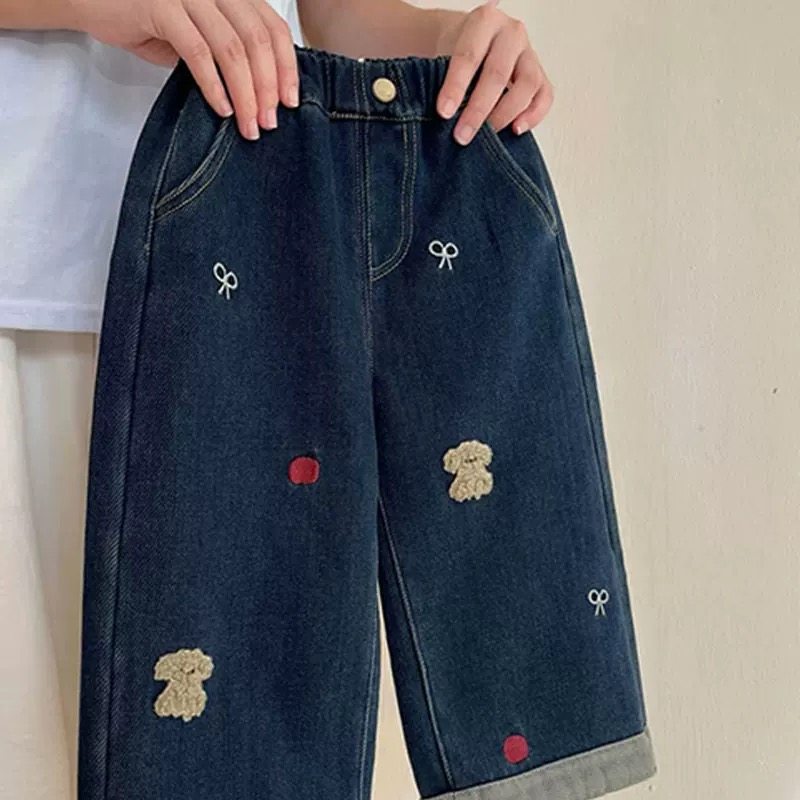 韩国童装女童裤子秋冬新款洋气儿童卡通牛仔裤女宝复古加绒直筒裤,淘宝优惠券,粉丝福利购,淘宝优惠卷