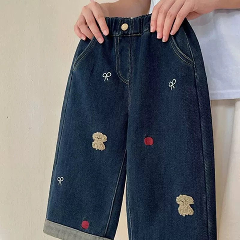韩国童装女童裤子秋冬新款洋气儿童卡通牛仔裤女宝复古加绒直筒裤,淘宝优惠券,粉丝福利购,淘宝优惠卷