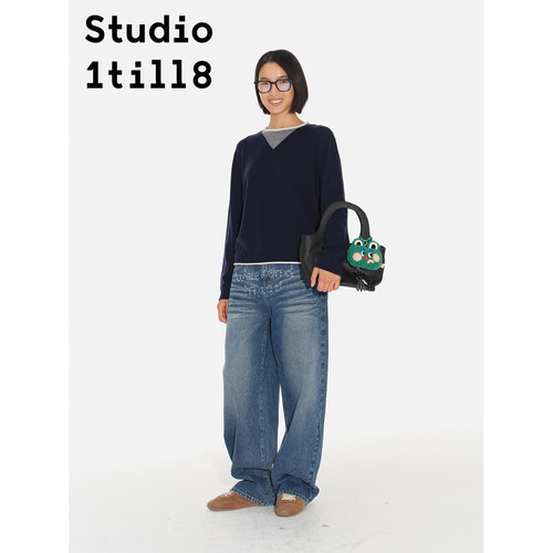 Studio1till8 藏青/蓝色/黄色 假两件拼接设计毛衣羊毛混纺针织衫 - 图1