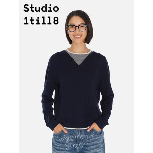 Studio1till8 藏青/蓝色/黄色 假两件拼接设计毛衣羊毛混纺针织衫 - 图0
