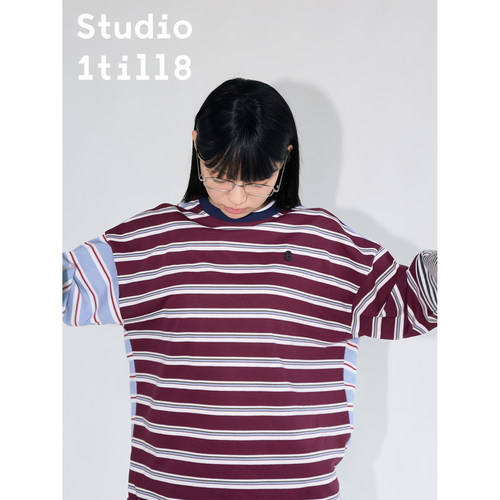 Studio1till8 三色条纹撞色拼接设计长袖上衣学院感落肩袖T恤女秋 - 图3