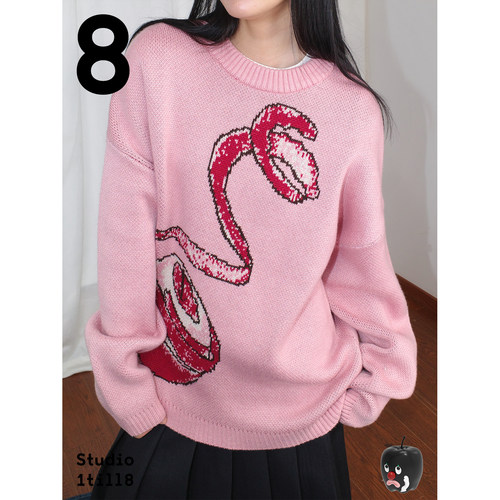 Studio1till8 苹果芝麻点手绘粉色秋冬毛衣女 - 图3