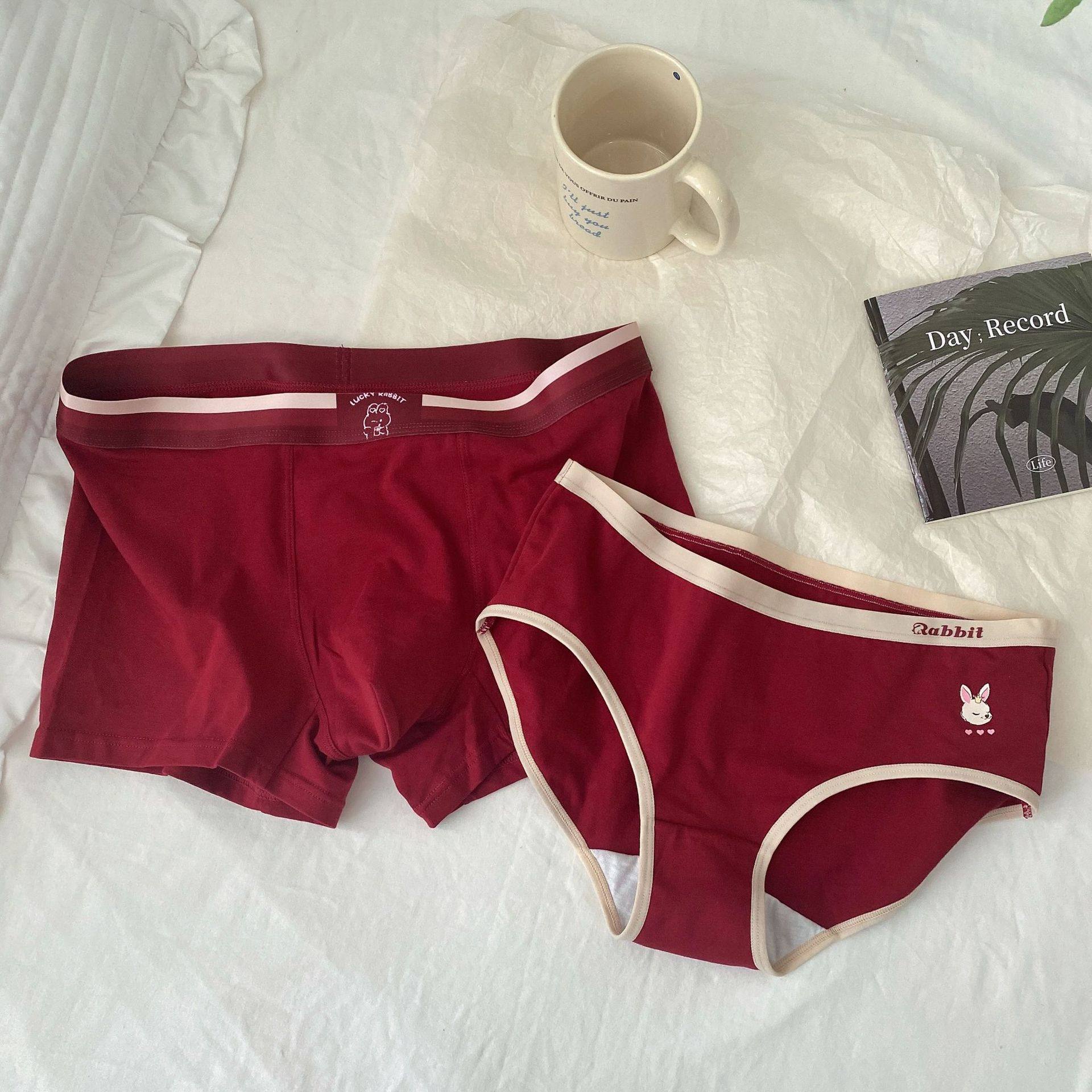 泡芙与喵新婚夫妻本命年情侣内裤舒适男女红色纯棉结婚红中腰套装